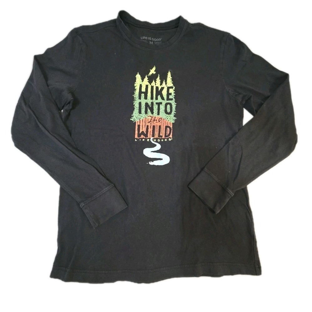 Life is Good Mens Long Sleeve T Shirt Medium M Hike Into The Wild Black Graphic
